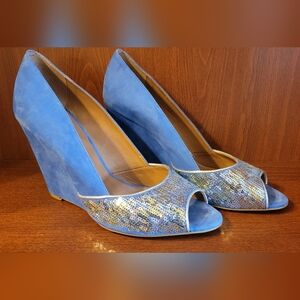 Elegant Blue Peep-Toe Wedge Shoes